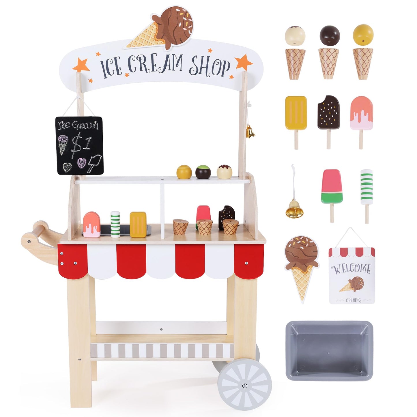 Labebe Wooden Ice Cream Cart for Kids 3–8 | Pretend Play Toy with Blackboard & Magnetic Cones