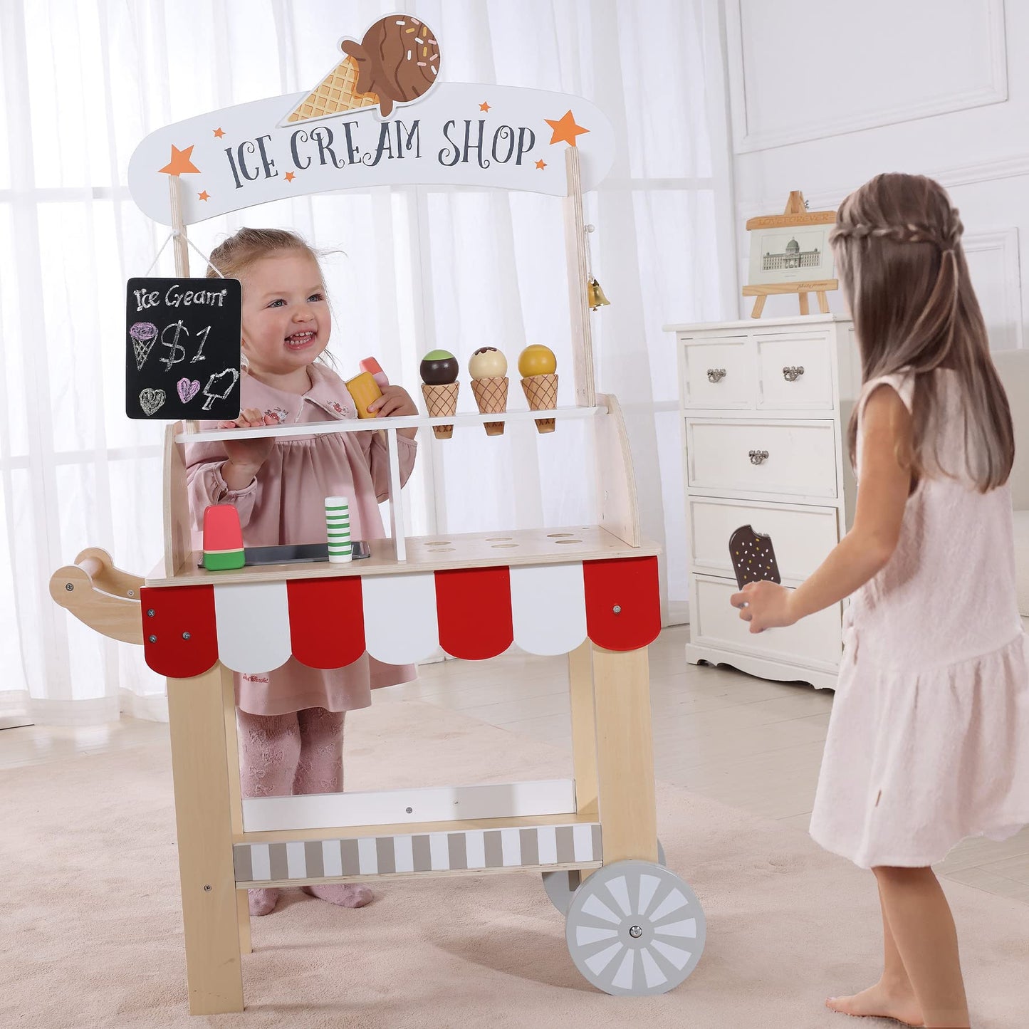 Labebe Wooden Ice Cream Cart for Kids 3–8 | Pretend Play Toy with Blackboard & Magnetic Cones