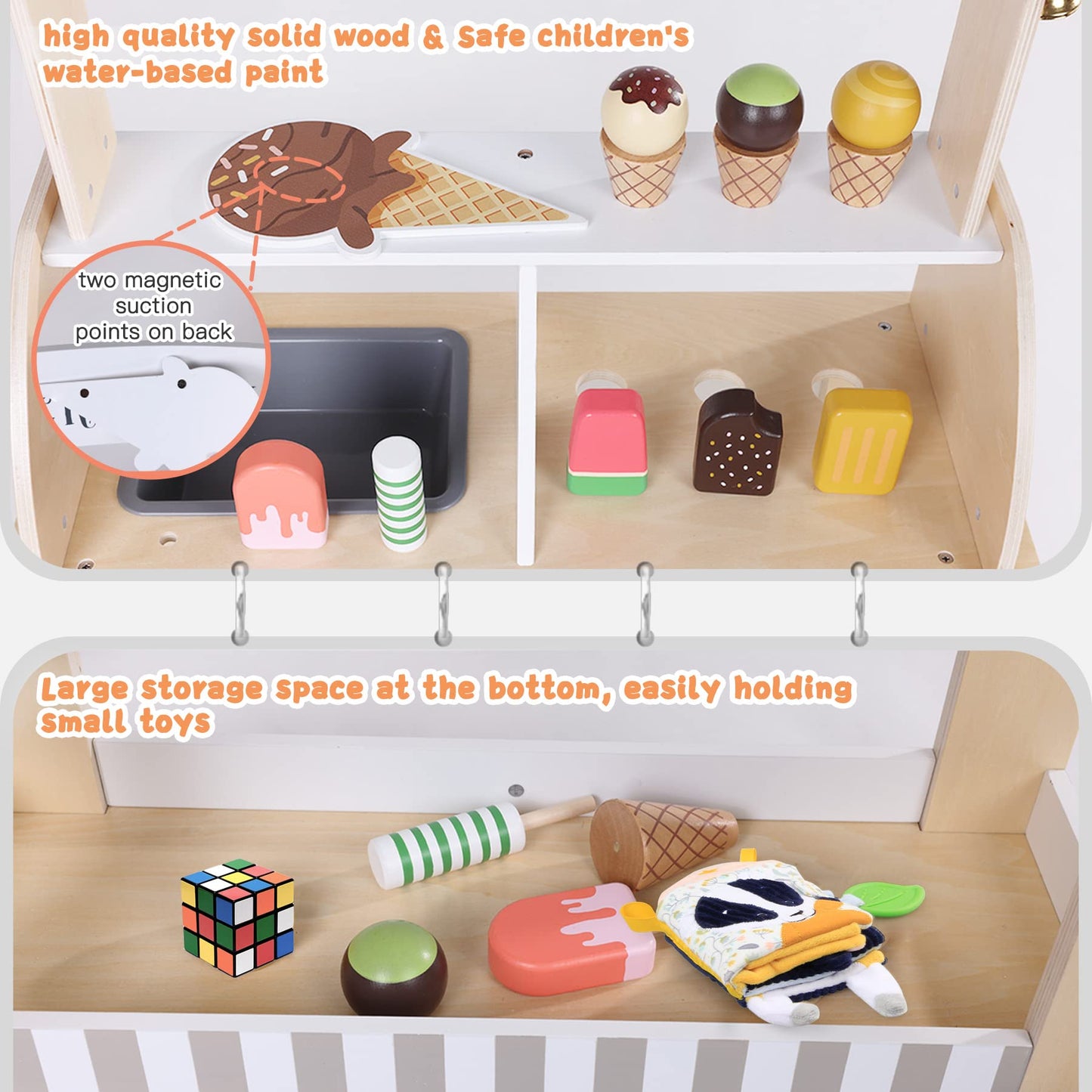 Labebe Wooden Ice Cream Cart for Kids 3–8 | Pretend Play Toy with Blackboard & Magnetic Cones