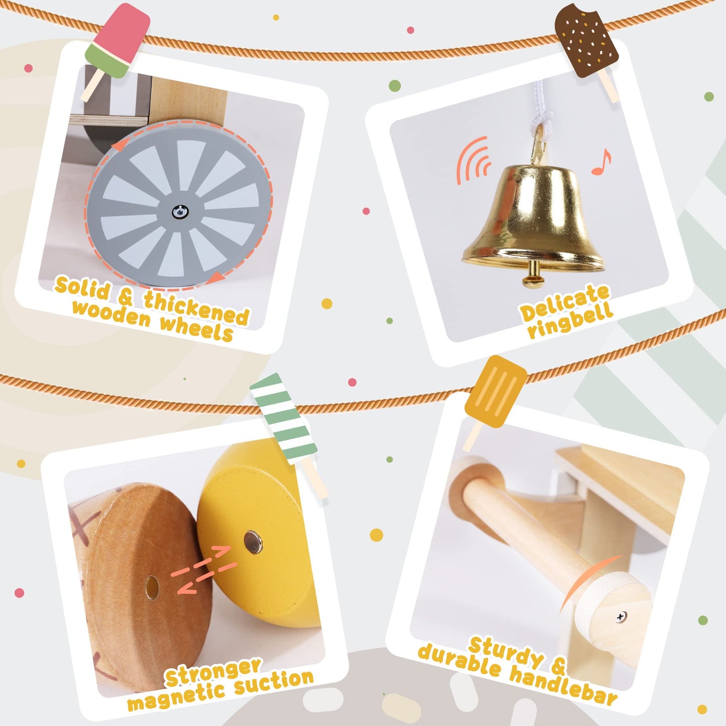 Labebe Wooden Ice Cream Cart for Kids 3–8 | Pretend Play Toy with Blackboard & Magnetic Cones