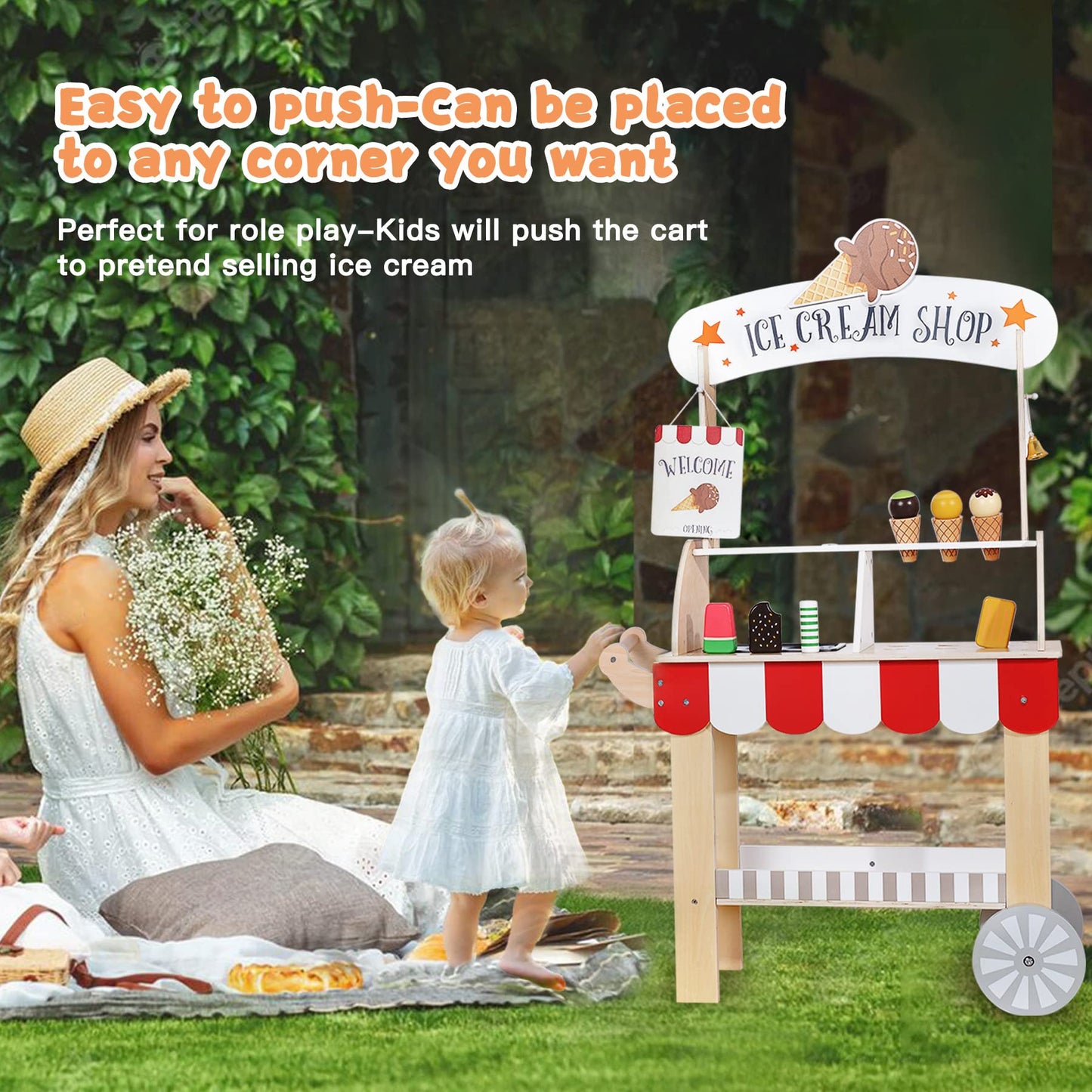 Labebe Wooden Ice Cream Cart for Kids 3–8 | Pretend Play Toy with Blackboard & Magnetic Cones