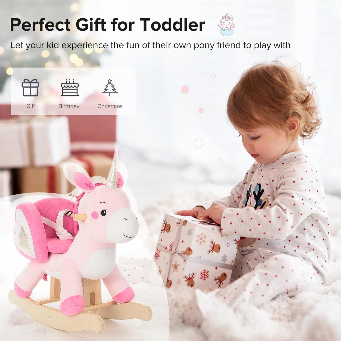 Labebe Pink Unicorn Rocking Horse – Baby Ride-On Toy for 6 Months to 3 Years