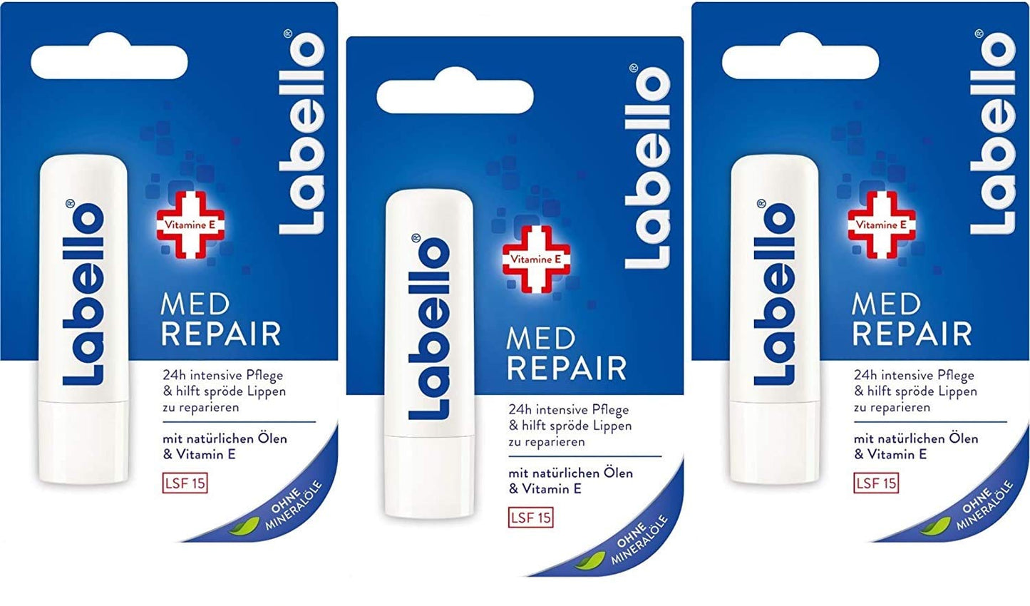 Labello Med Repair 3 pcs – Special Lip Care with Natural Oils, Vitamin E & SPF 15 | Germany