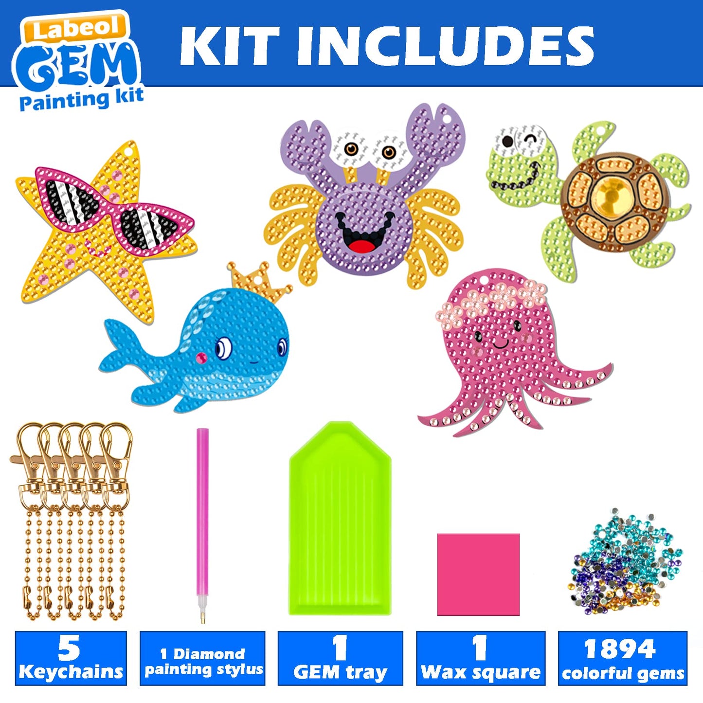 Labeol GEM Keychains – 5D Diamond Art Kit for Kids 8-12 Ocean Edition
