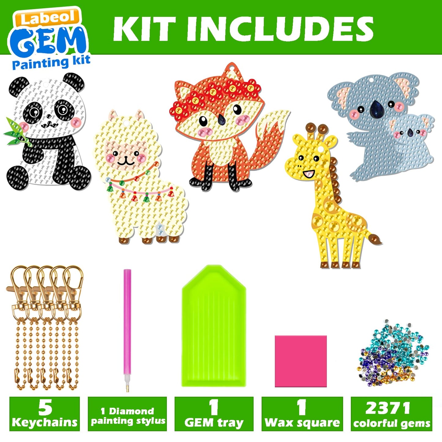 Labeol GEM Keychains: 5D Diamond Art Kit for Kids 8-12 (Animal)