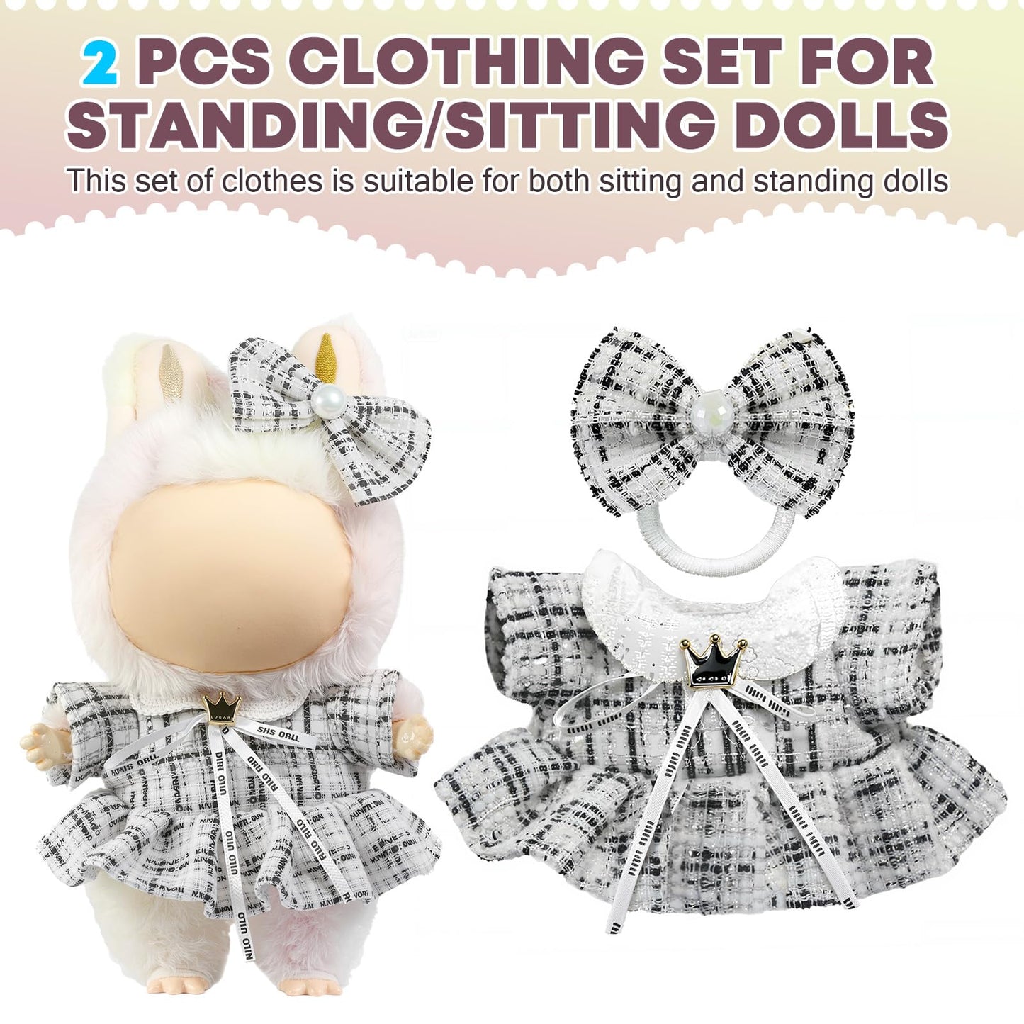 LABUBU 17cm Doll Clothes – Luxury 2-Piece Bow Headdress + Plaid Tweed Dress for LABUBU Dolls