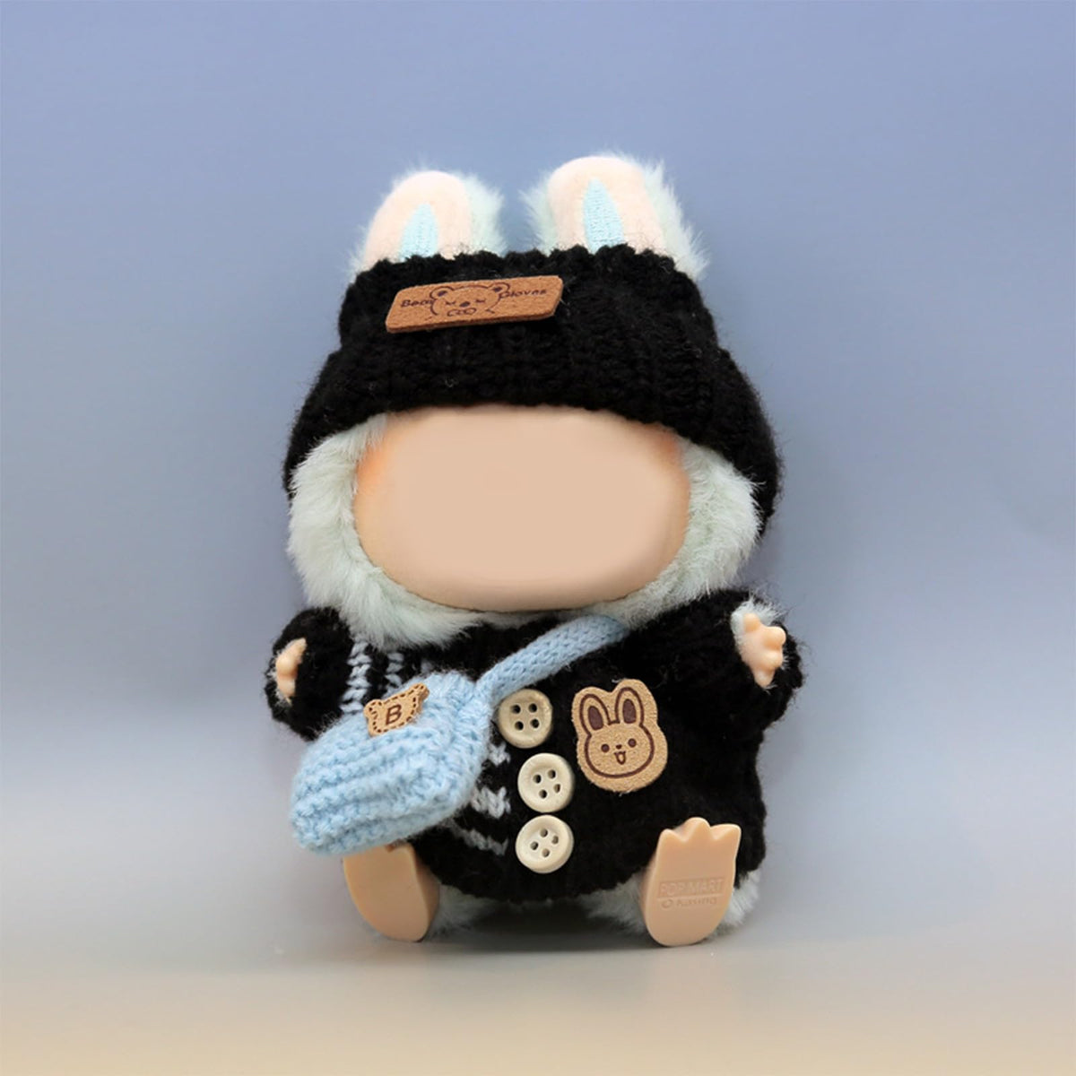 LABUBU 17cm Doll Outfit – Handcrafted Crochet 3-Piece Set (Black) Bunny Sweater, Hat & Bag
