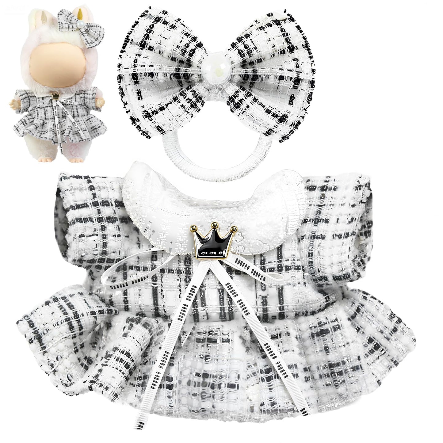 LABUBU 17cm Doll Clothes – Luxury 2-Piece Bow Headdress + Plaid Tweed Dress for LABUBU Dolls