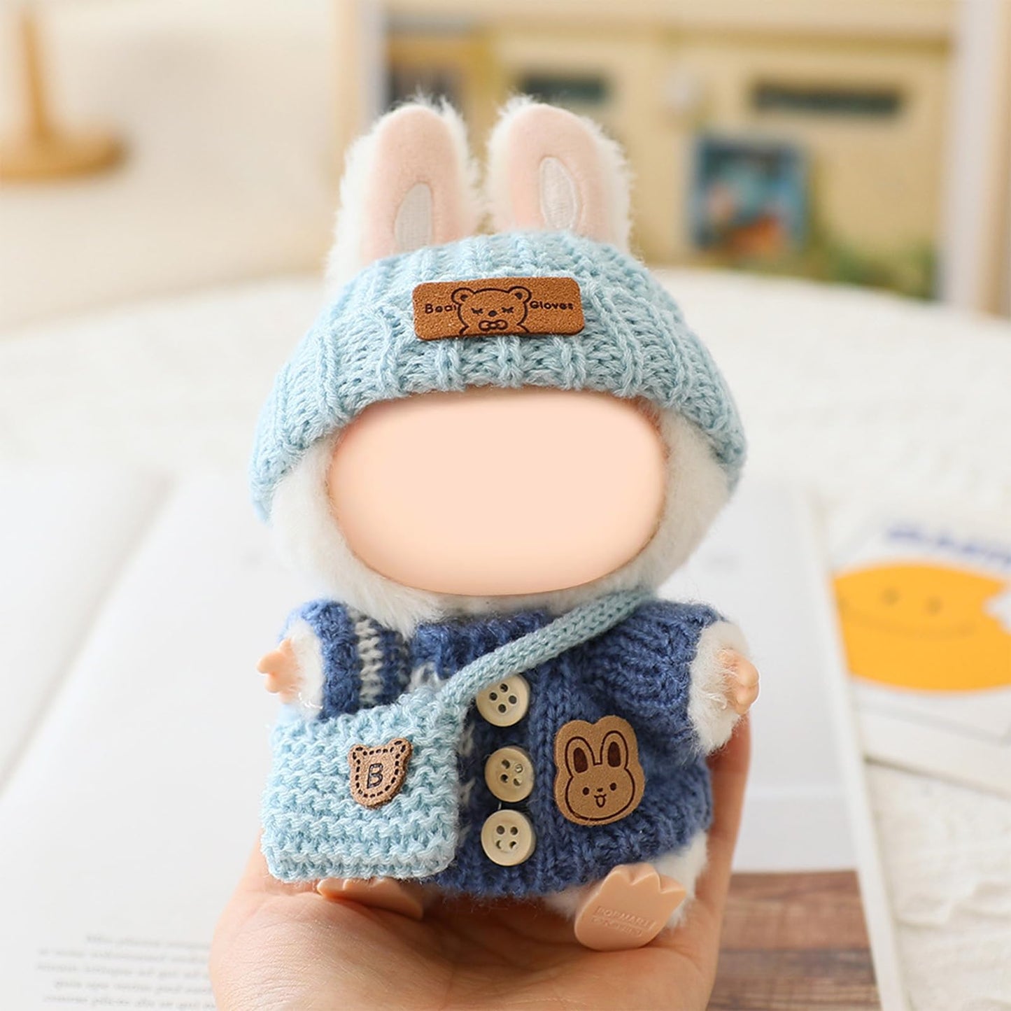 LABUBU 17cm Doll Clothes – Handcrafted Crochet 3-Piece Outfit (Blue): Bunny Sweater, Hat & Bag