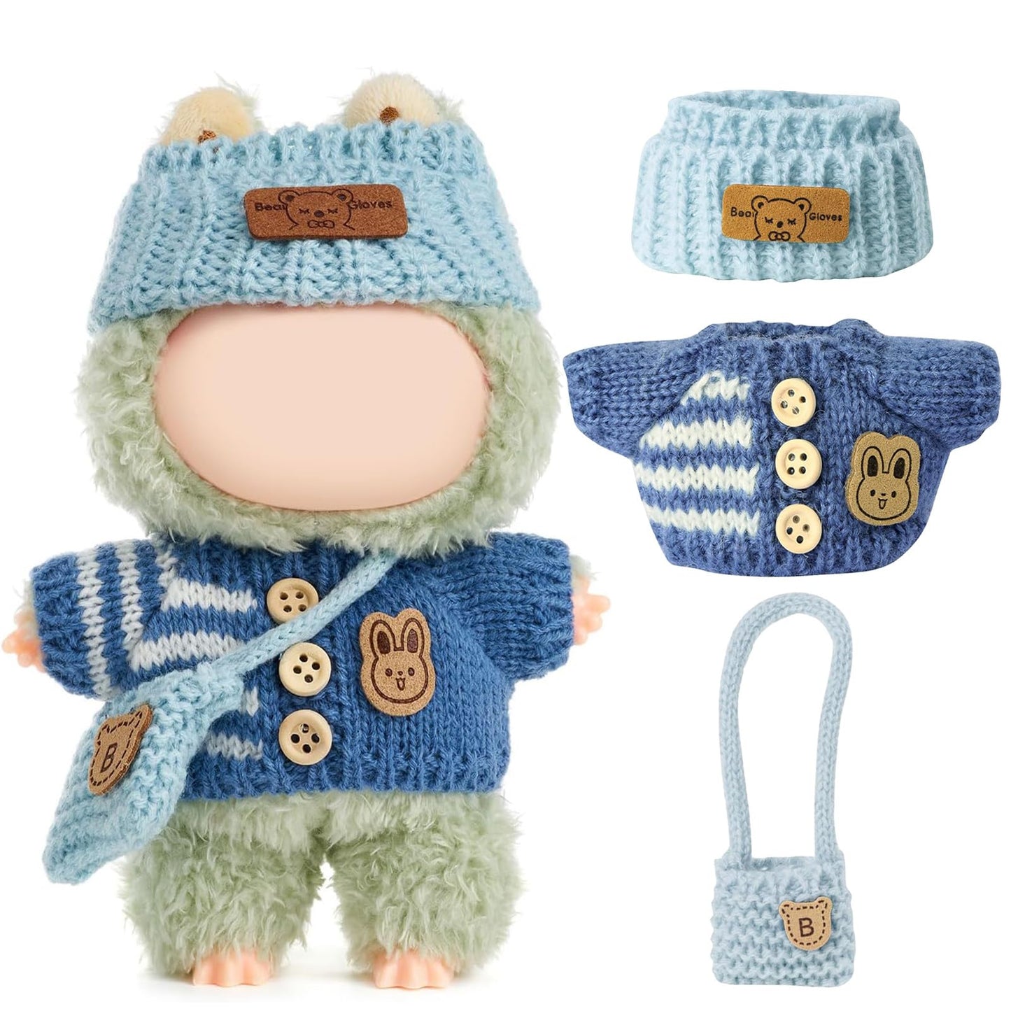 LABUBU 17cm Doll Clothes – Handcrafted Crochet 3-Piece Outfit (Blue): Bunny Sweater, Hat & Bag