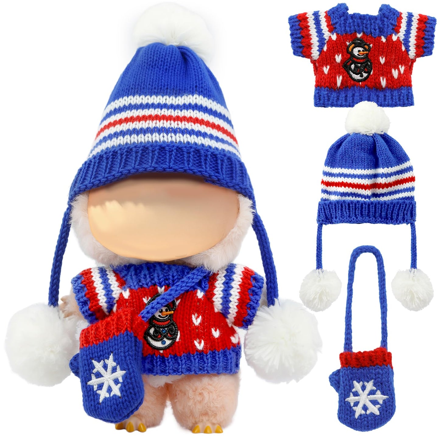 LABUBU 17cm Christmas Doll Outfit – 3-Piece Crochet Blue Set (Sweater, Hat, Bag)