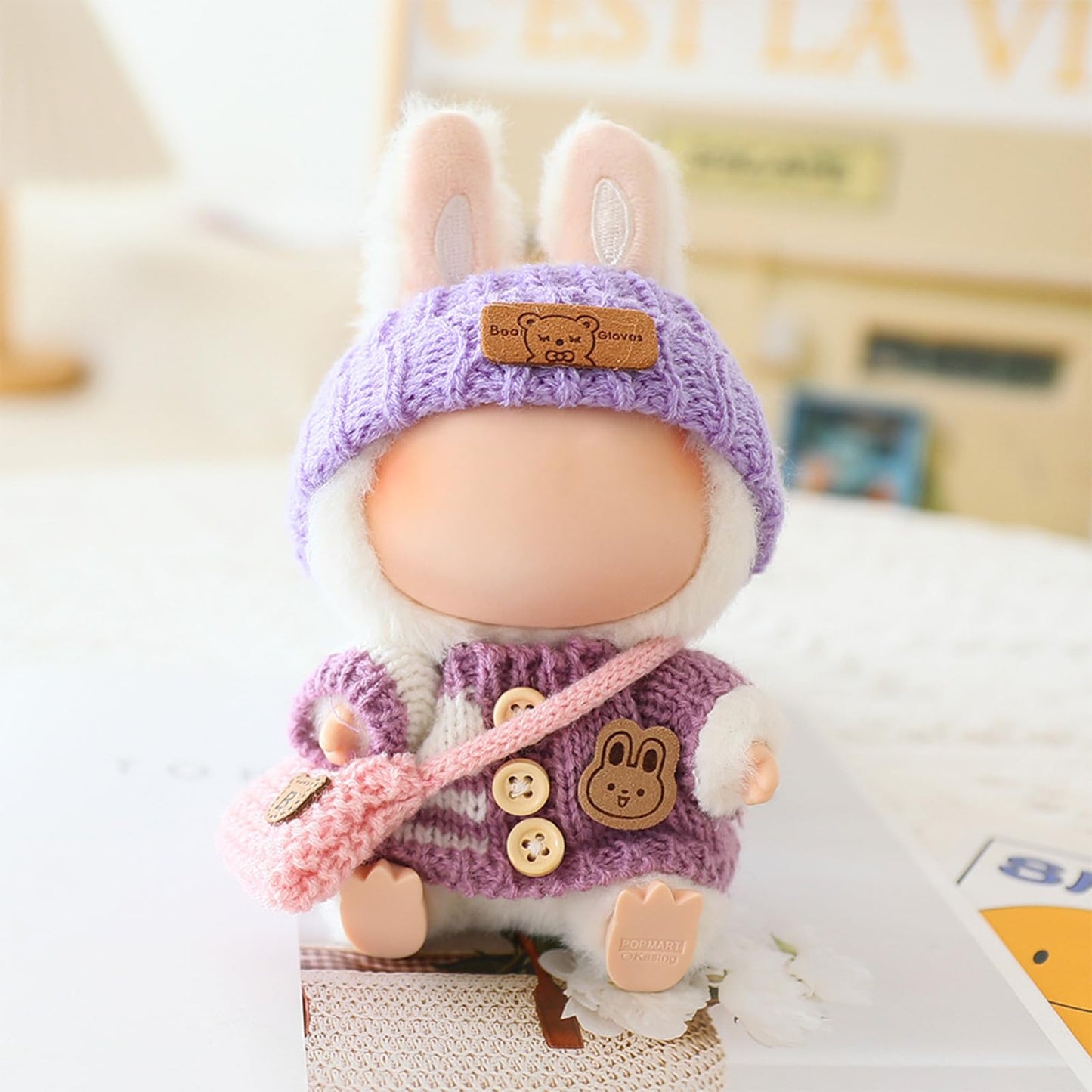Labubu 17cm Doll Clothes Set – Handmade Crochet 3-Piece Outfit (Purple) Bunny Sweater, Hat & Bag