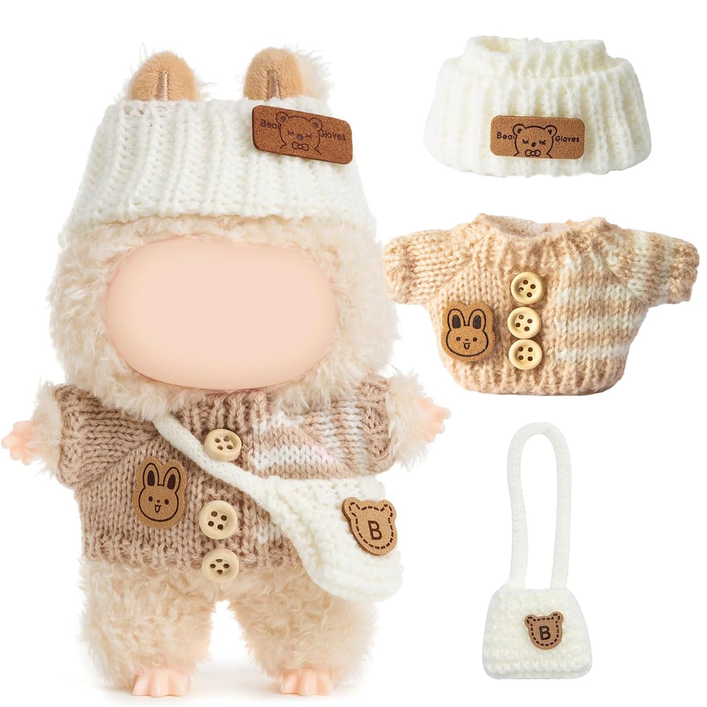 LABUBU 17cm Doll Outfit - Handcrafted Crochet 3-Piece Bunny Sweater, Hat & Bag (Beige)