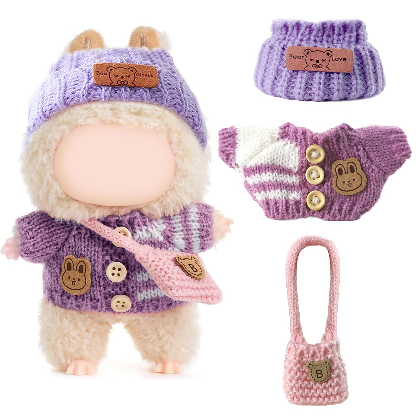 Labubu 17cm Doll Clothes Set – Handmade Crochet 3-Piece Outfit (Purple) Bunny Sweater, Hat & Bag