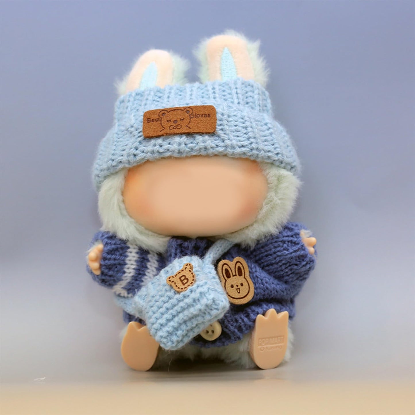 LABUBU 17cm Doll Clothes – Handcrafted Crochet 3-Piece Outfit (Blue): Bunny Sweater, Hat & Bag