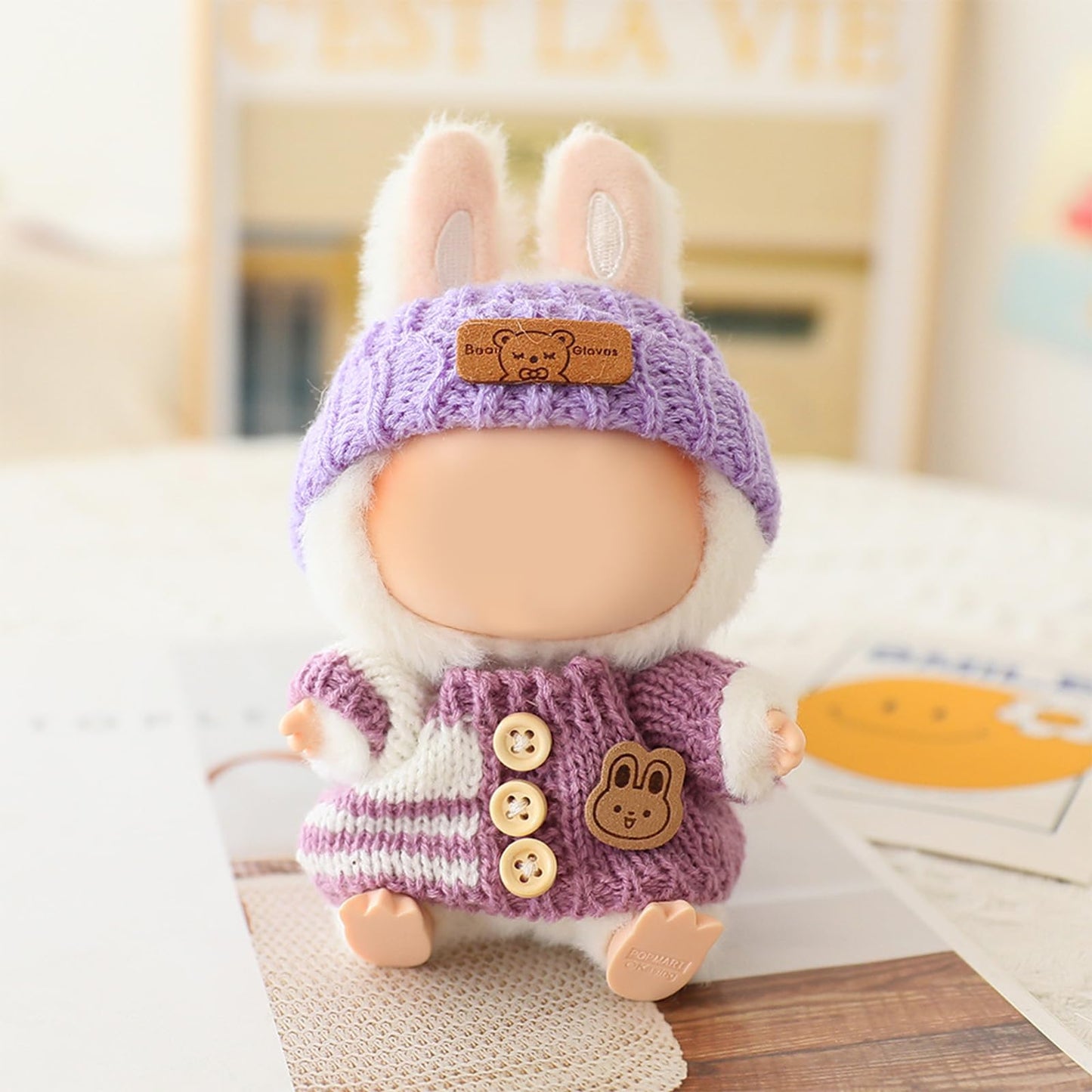 Labubu 17cm Doll Clothes Set – Handmade Crochet 3-Piece Outfit (Purple) Bunny Sweater, Hat & Bag