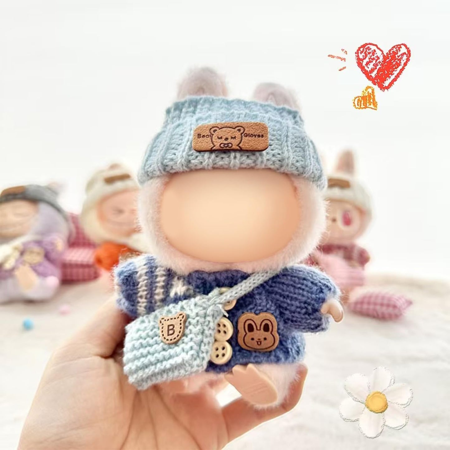 LABUBU 17cm Doll Clothes – Handcrafted Crochet 3-Piece Outfit (Blue): Bunny Sweater, Hat & Bag
