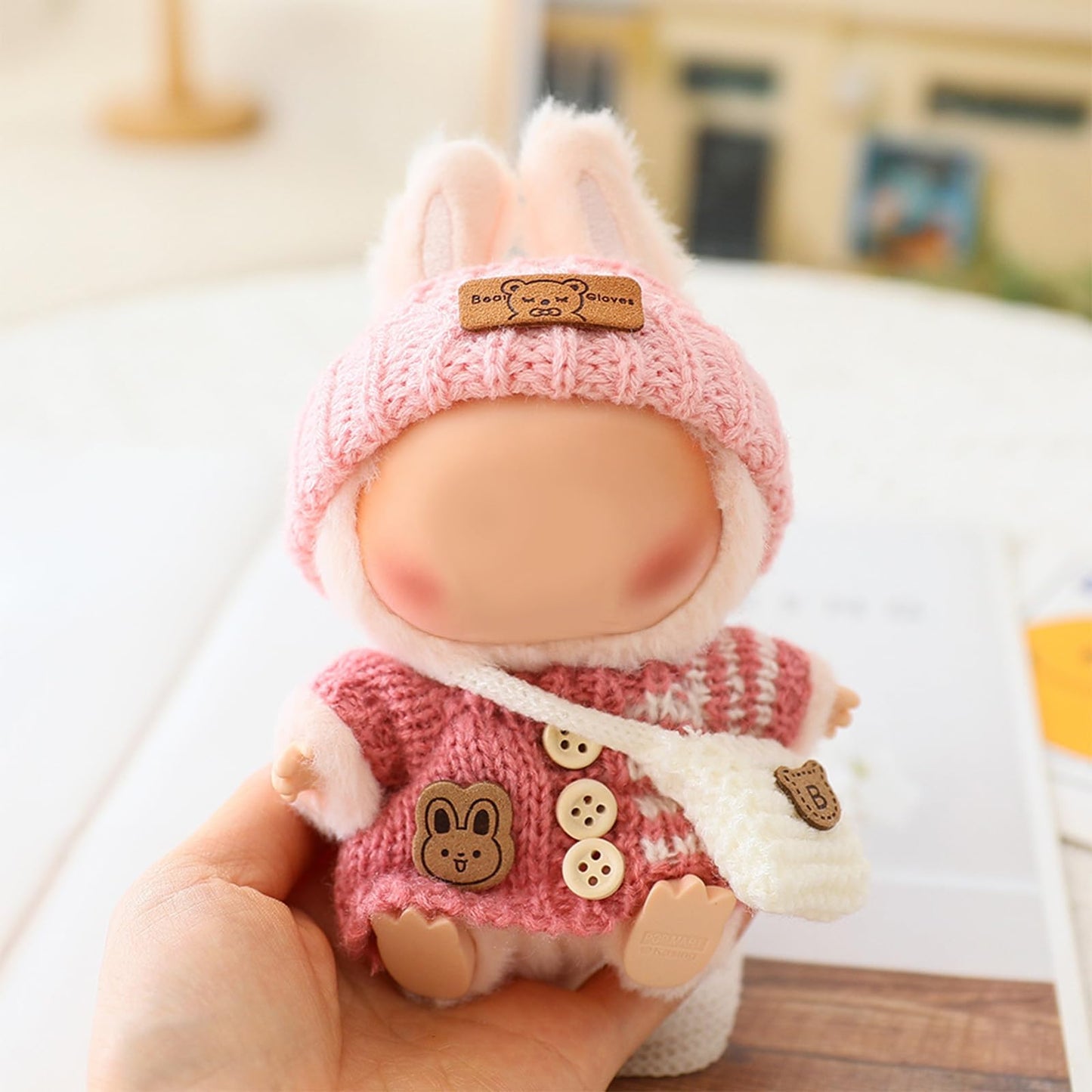 Labubu 17cm Doll Clothes Set – 3-Piece Crochet Outfit (Bunny Sweater, Hat & Bag) Pink