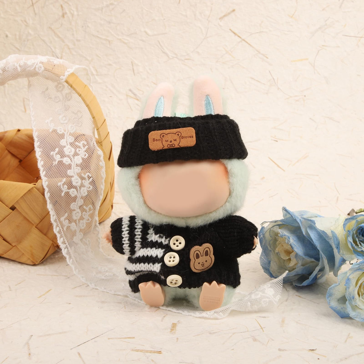 LABUBU 17cm Doll Outfit – Handcrafted Crochet 3-Piece Set (Black) Bunny Sweater, Hat & Bag