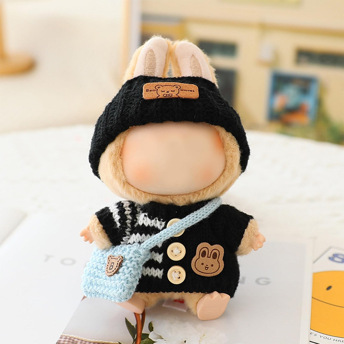 LABUBU 17cm Doll Outfit – Handcrafted Crochet 3-Piece Set (Black) Bunny Sweater, Hat & Bag