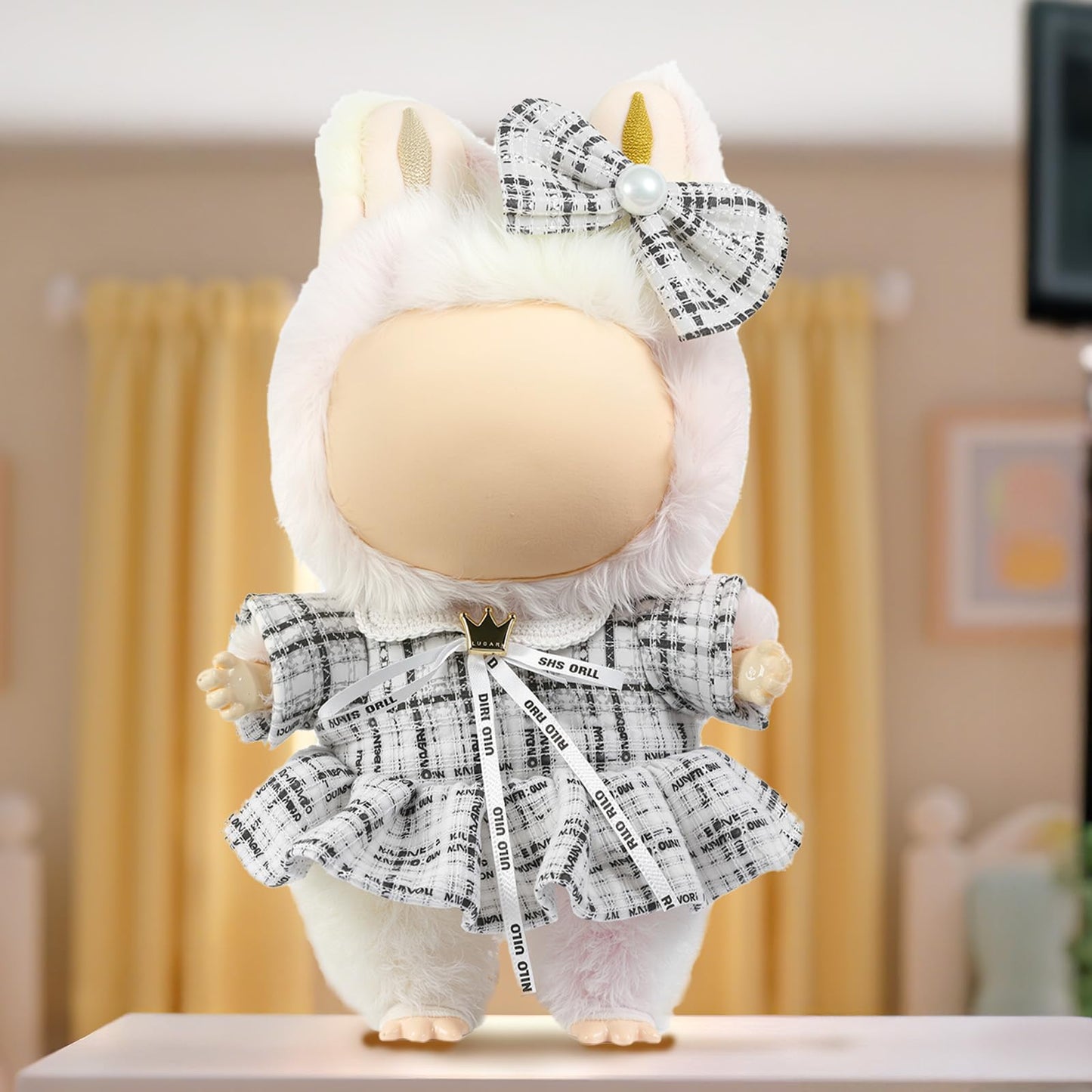 LABUBU 17cm Doll Clothes – Luxury 2-Piece Bow Headdress + Plaid Tweed Dress for LABUBU Dolls
