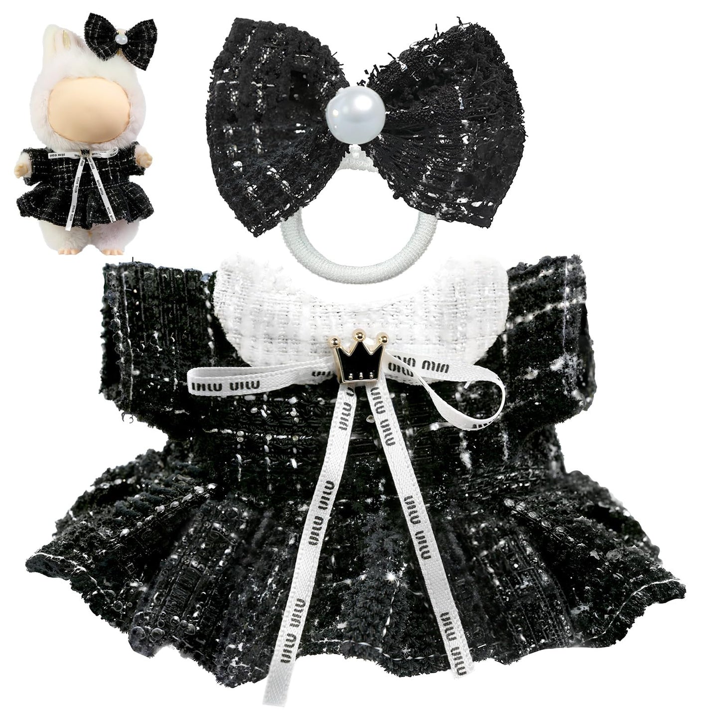 LABUBU 17cm Doll Clothes – Luxury 2-Piece Set with Bow Headdress & Plaid Tweed Dress (Black)