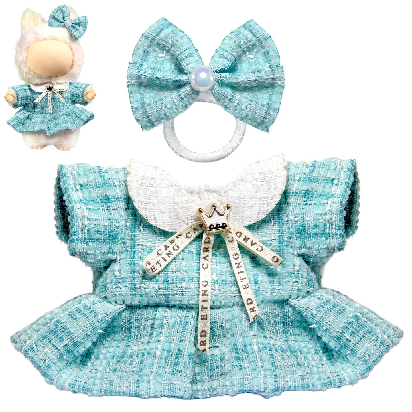 LABUBU 17cm Doll Clothes – Bow Headdress & Plaid Tweed Dress (Blue)
