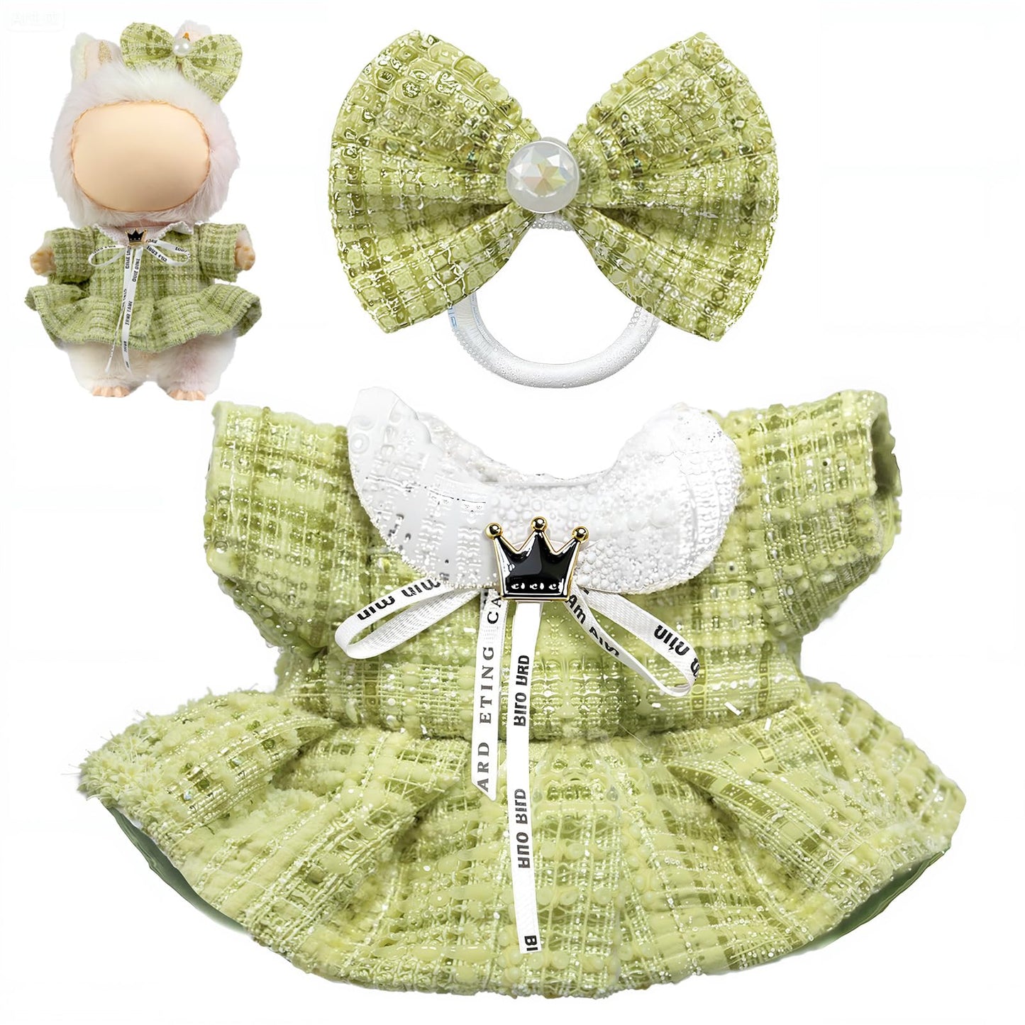 LABUBU 17cm Doll Clothes Set – Bow Headdress & Plaid Tweed Dress, Luxury 2-Piece Outfit