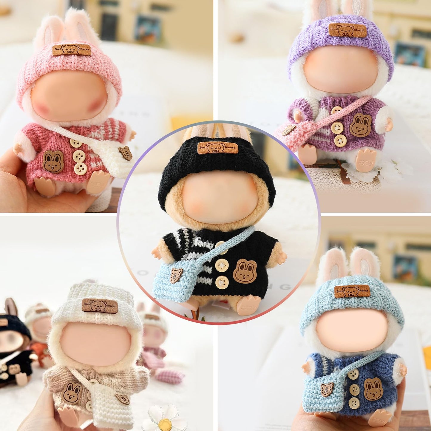 Labubu 17cm Doll Clothes Set – 3-Piece Crochet Outfit (Bunny Sweater, Hat & Bag) Pink
