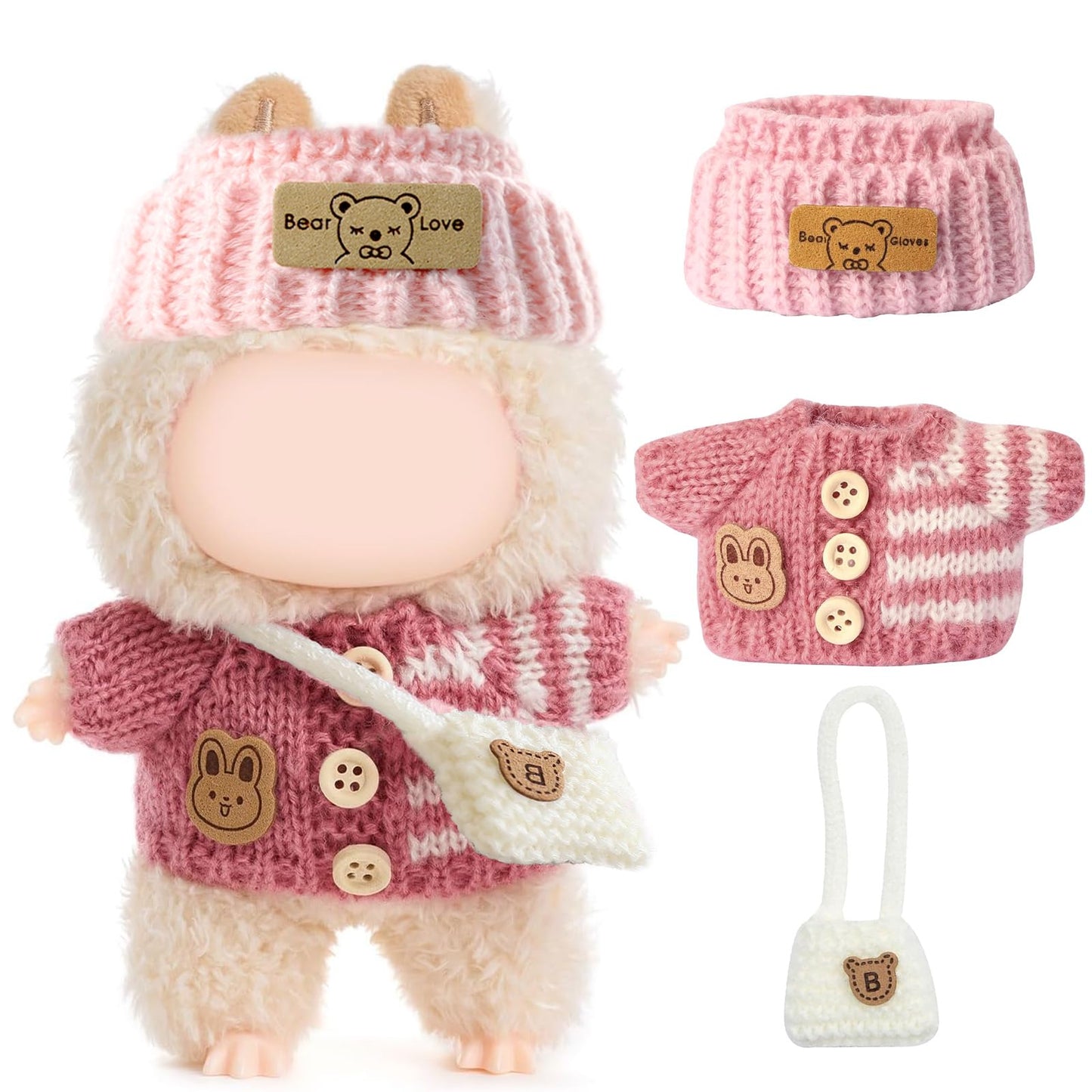 Labubu 17cm Doll Clothes Set – 3-Piece Crochet Outfit (Bunny Sweater, Hat & Bag) Pink