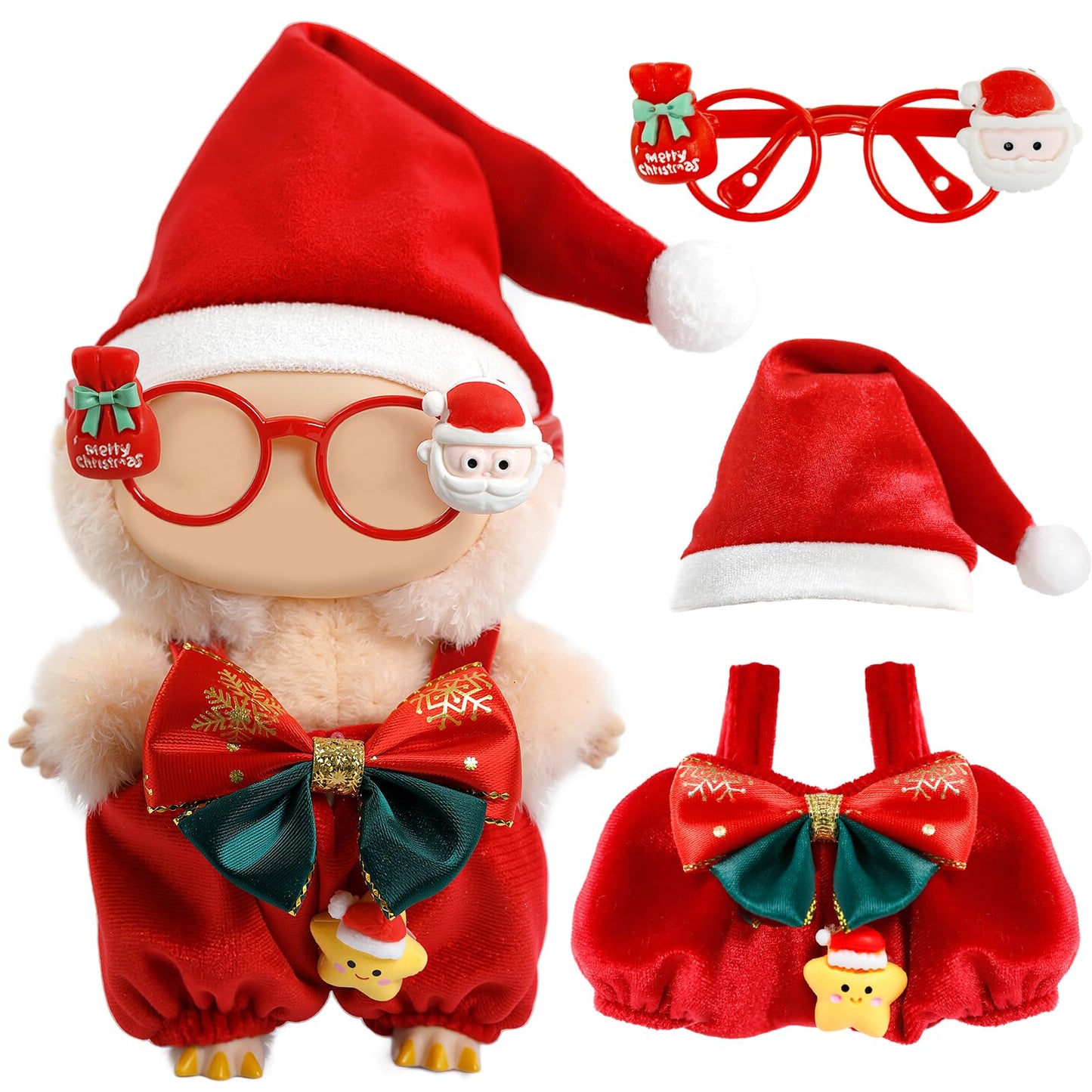 LABUBU 17cm Christmas Clothes – 3-Piece Outfit Set (Hat, Overalls, Glasses) for LABUBU Dolls