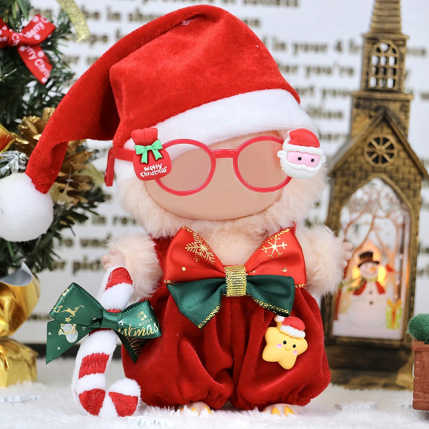LABUBU 17cm Christmas Clothes – 3-Piece Outfit Set (Hat, Overalls, Glasses) for LABUBU Dolls