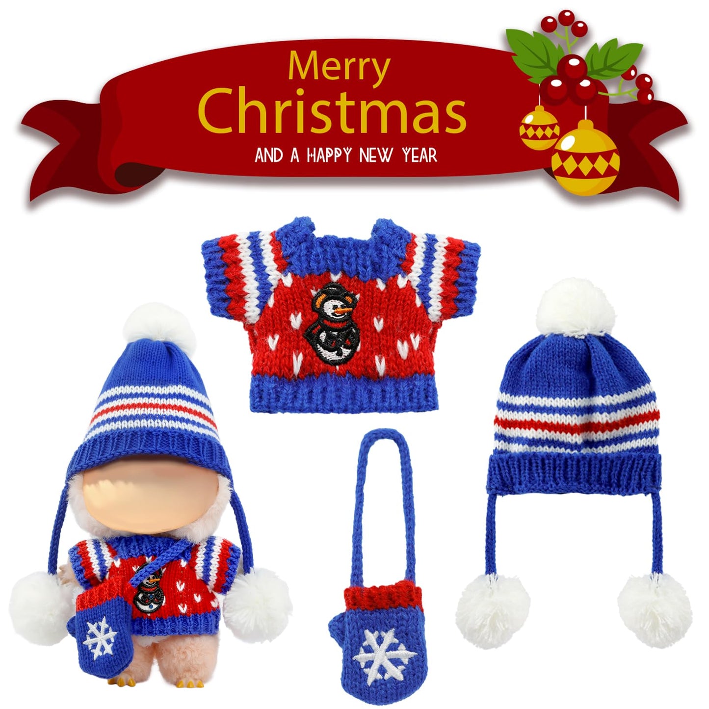 LABUBU 17cm Christmas Doll Outfit – 3-Piece Crochet Blue Set (Sweater, Hat, Bag)