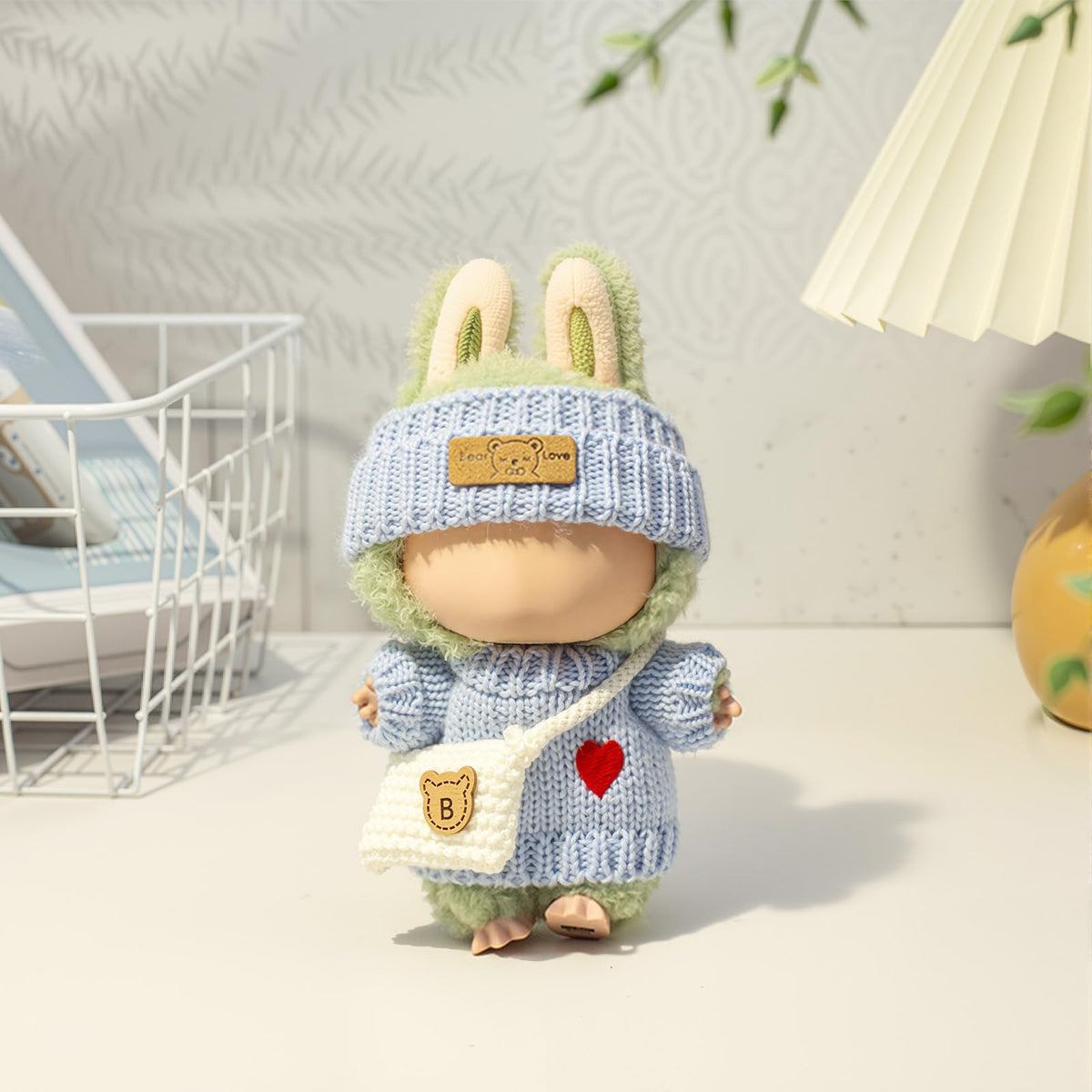 LABUBU 17cm Doll Clothes - Handcrafted 3-Piece Crochet Outfit (Heart Sweater + Hat + Bag) in Blue