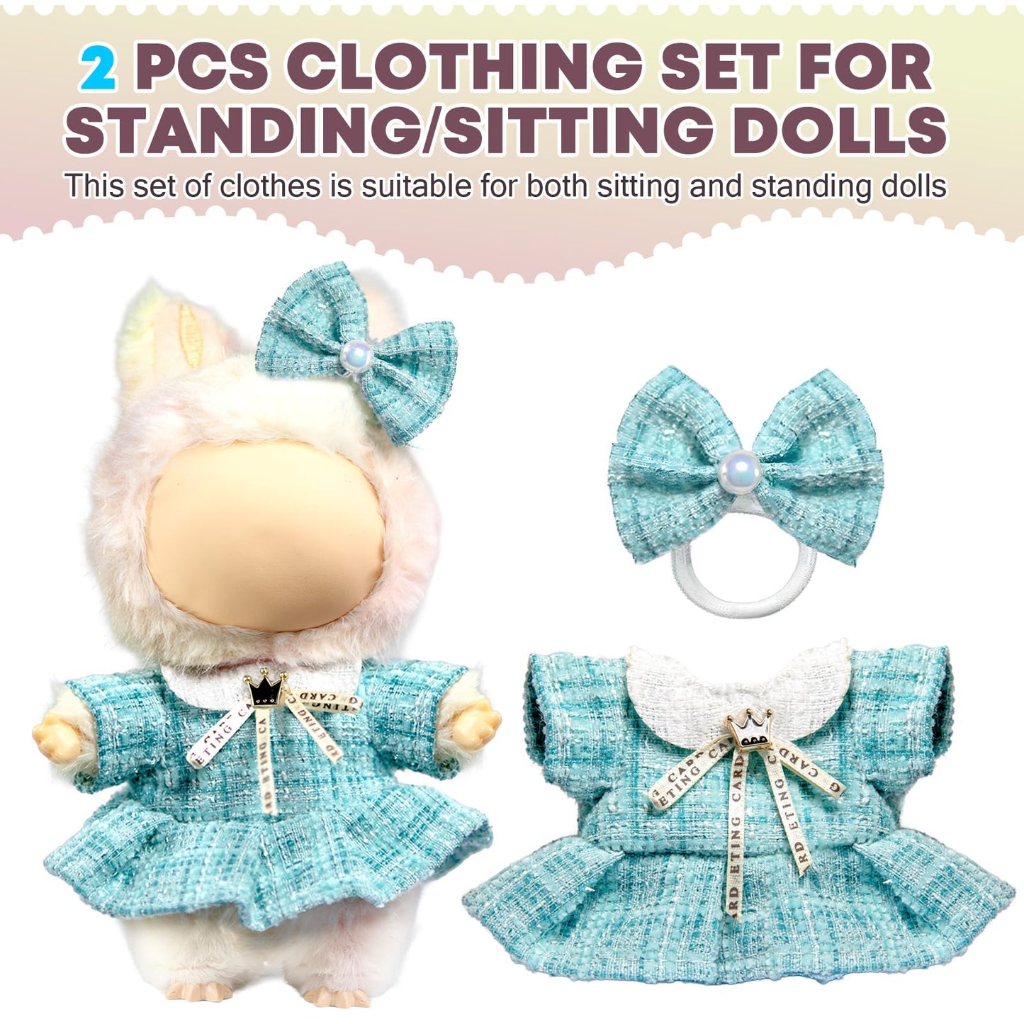 LABUBU 17cm Doll Clothes – Bow Headdress & Plaid Tweed Dress (Blue)