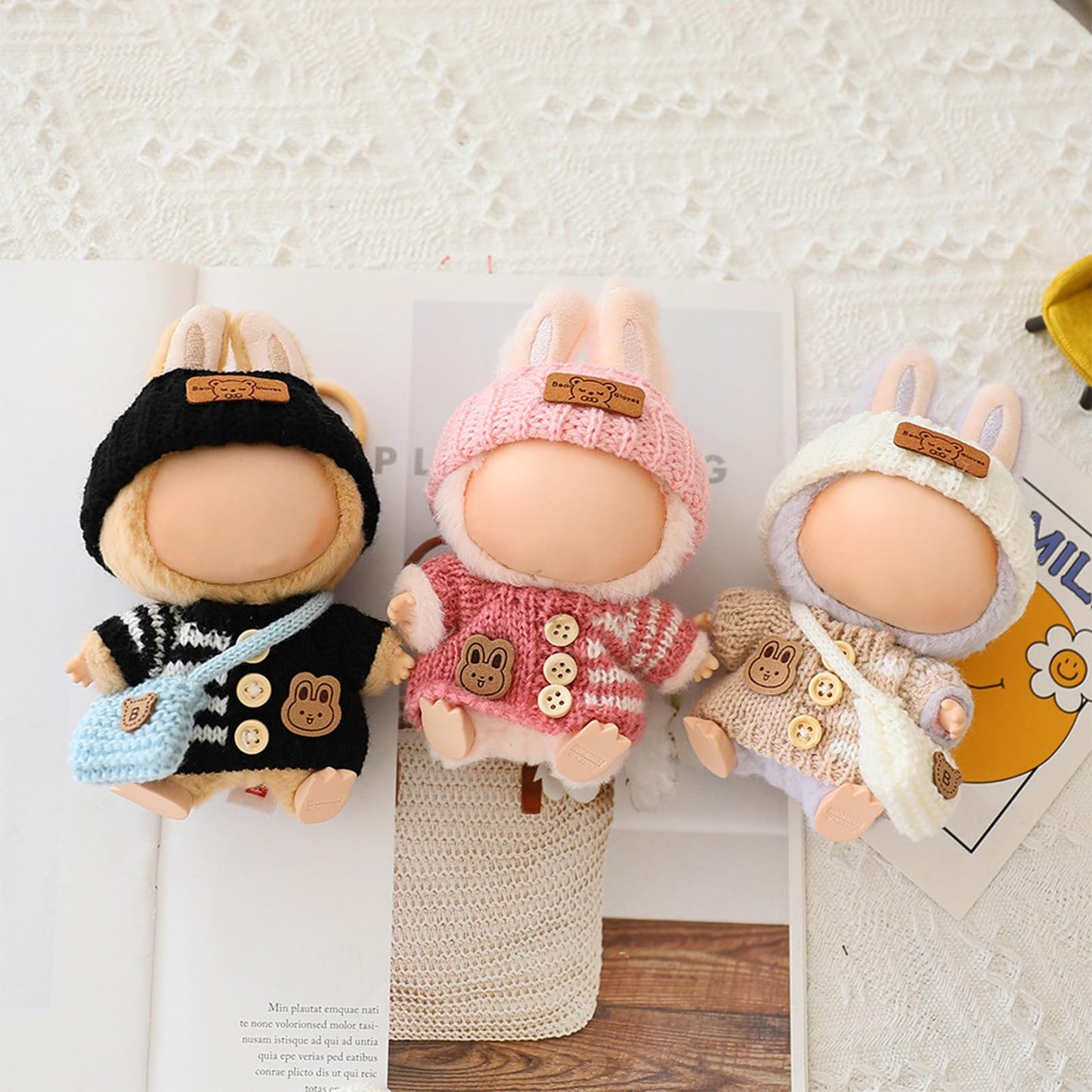 Labubu 17cm Doll Clothes Set – 3-Piece Crochet Outfit (Bunny Sweater, Hat & Bag) Pink