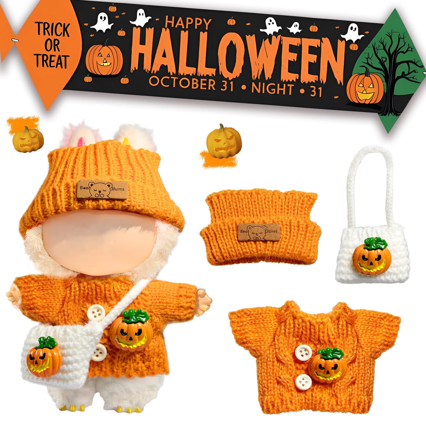 Labubu 3-Piece Pumpkin Crochet Outfit for 17cm LABUBU Dolls – Handcrafted Dress Up