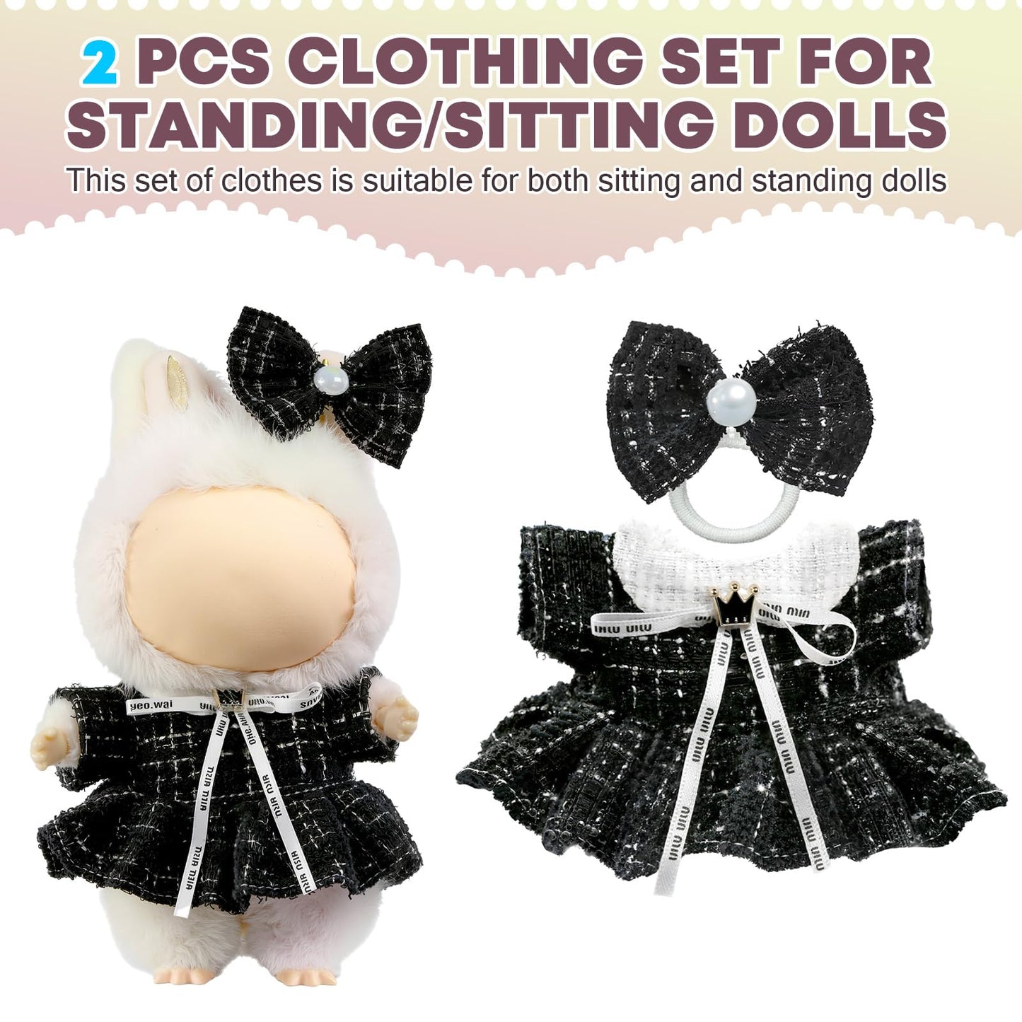 LABUBU 17cm Doll Clothes – Luxury 2-Piece Set with Bow Headdress & Plaid Tweed Dress (Black)