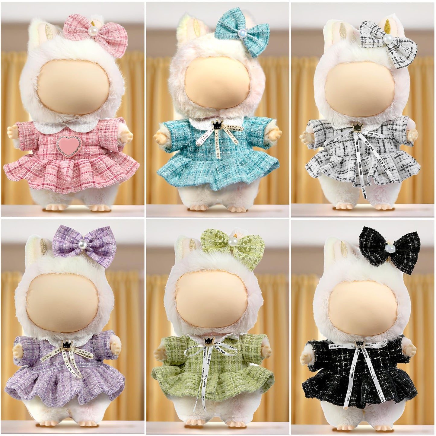 LABUBU 17cm Doll Clothes – Bow Headdress & Plaid Tweed Dress (Blue)