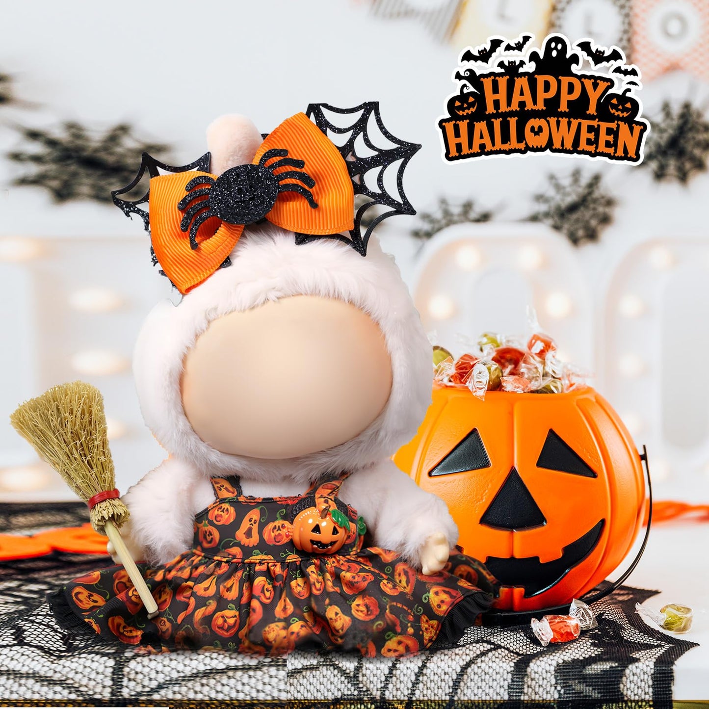 LABUBU 17cm Doll Clothes - Pumpkin Princess 2-Piece Outfit (Spider Headdress + Pumpkin Dress)