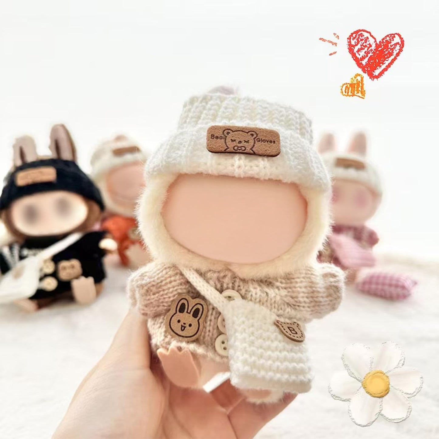 LABUBU 17cm Doll Outfit - Handcrafted Crochet 3-Piece Bunny Sweater, Hat & Bag (Beige)