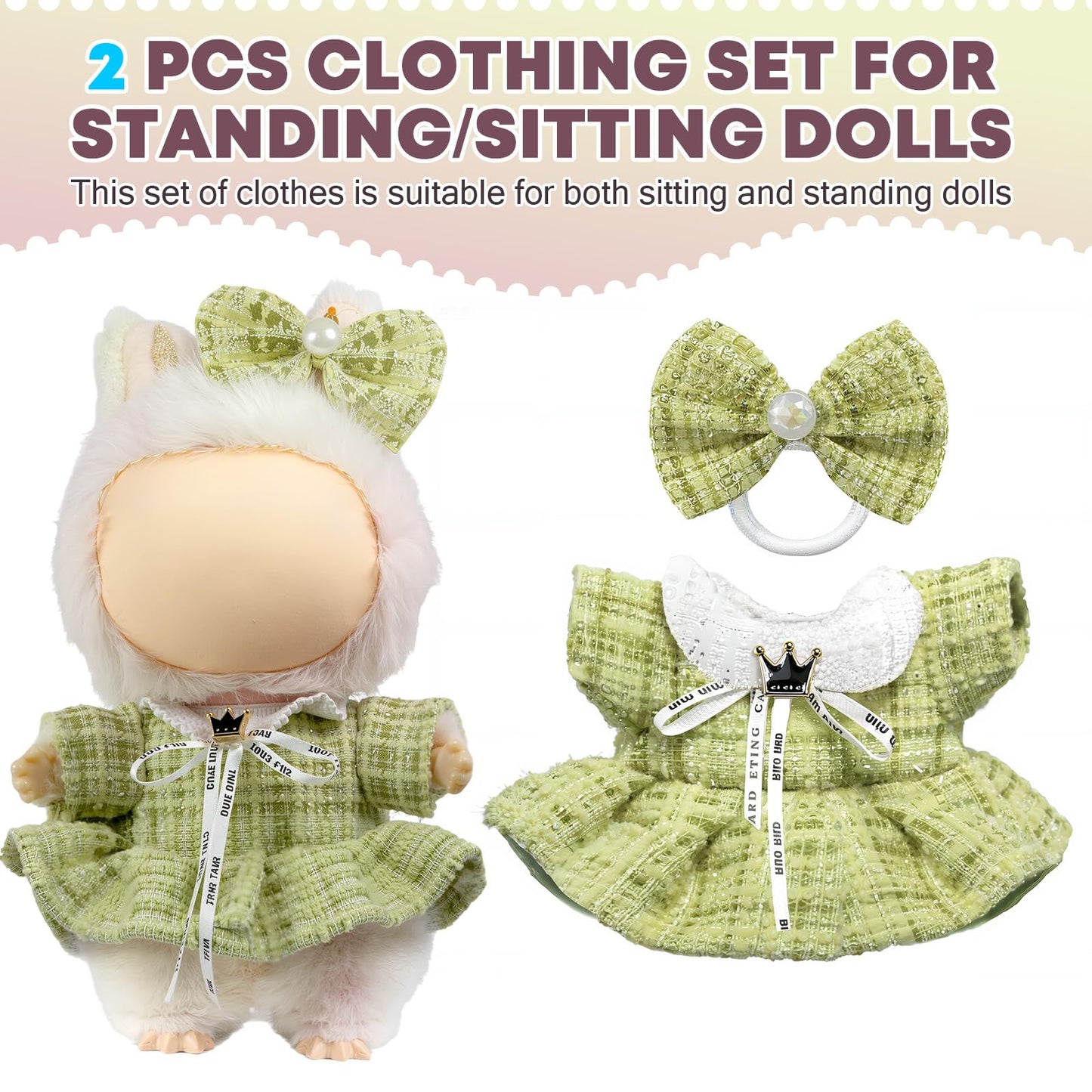 LABUBU 17cm Doll Clothes Set – Bow Headdress & Plaid Tweed Dress, Luxury 2-Piece Outfit
