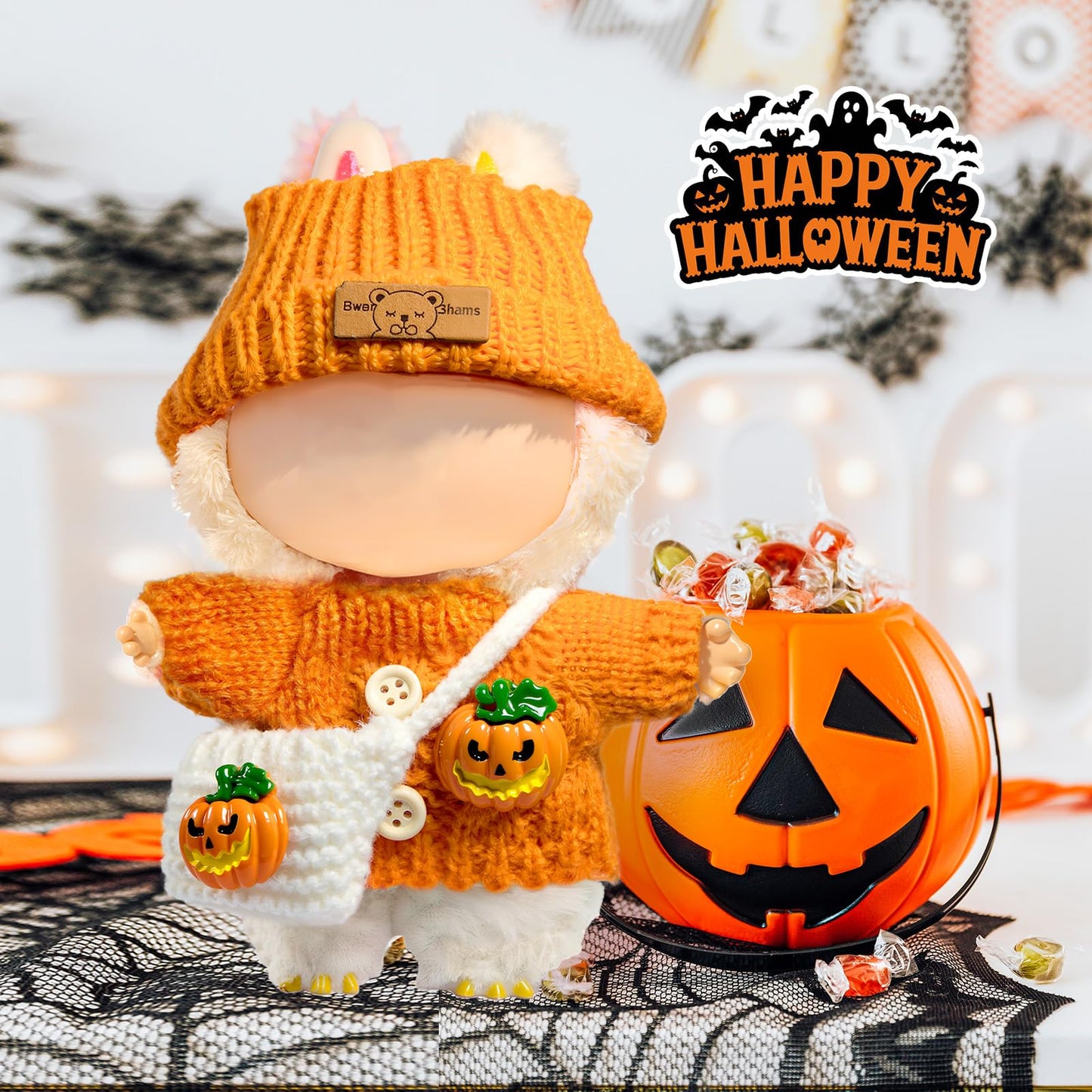 Labubu 3-Piece Pumpkin Crochet Outfit for 17cm LABUBU Dolls – Handcrafted Dress Up