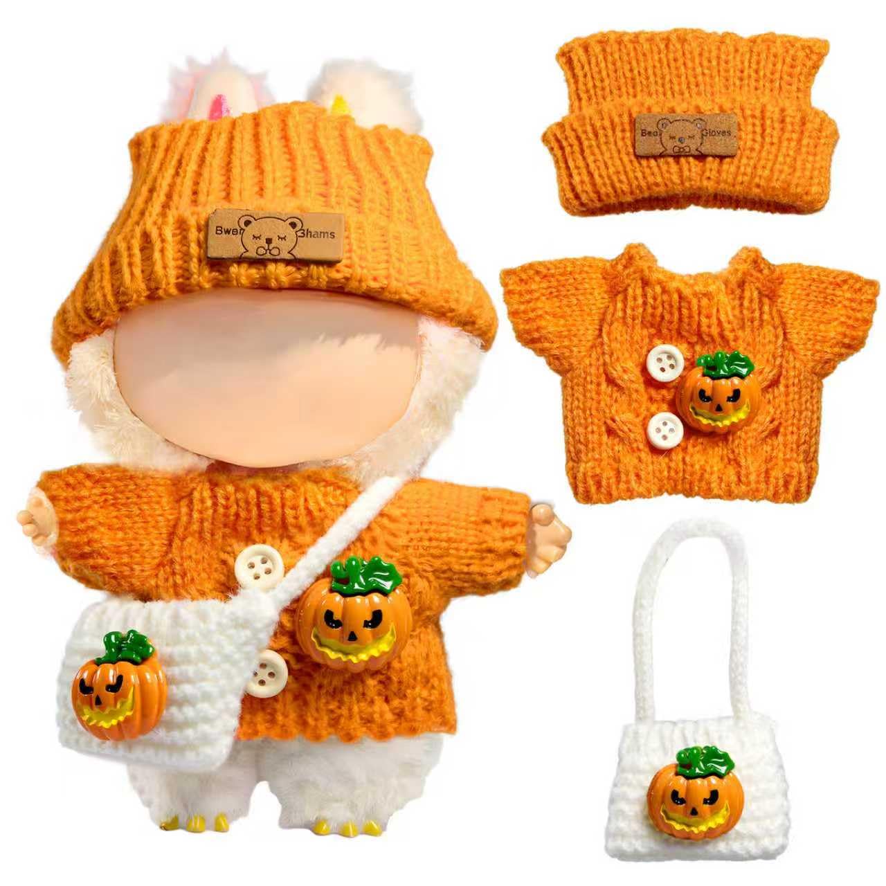 Labubu 3-Piece Pumpkin Crochet Outfit for 17cm LABUBU Dolls – Handcrafted Dress Up