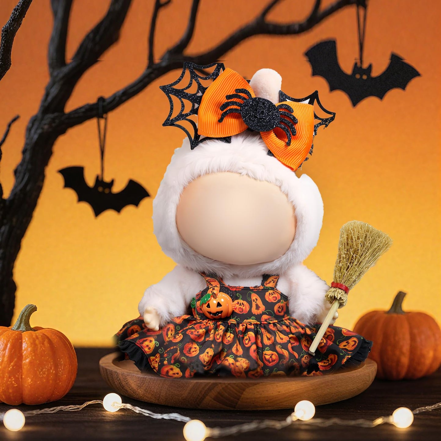 LABUBU 17cm Doll Clothes - Pumpkin Princess 2-Piece Outfit (Spider Headdress + Pumpkin Dress)