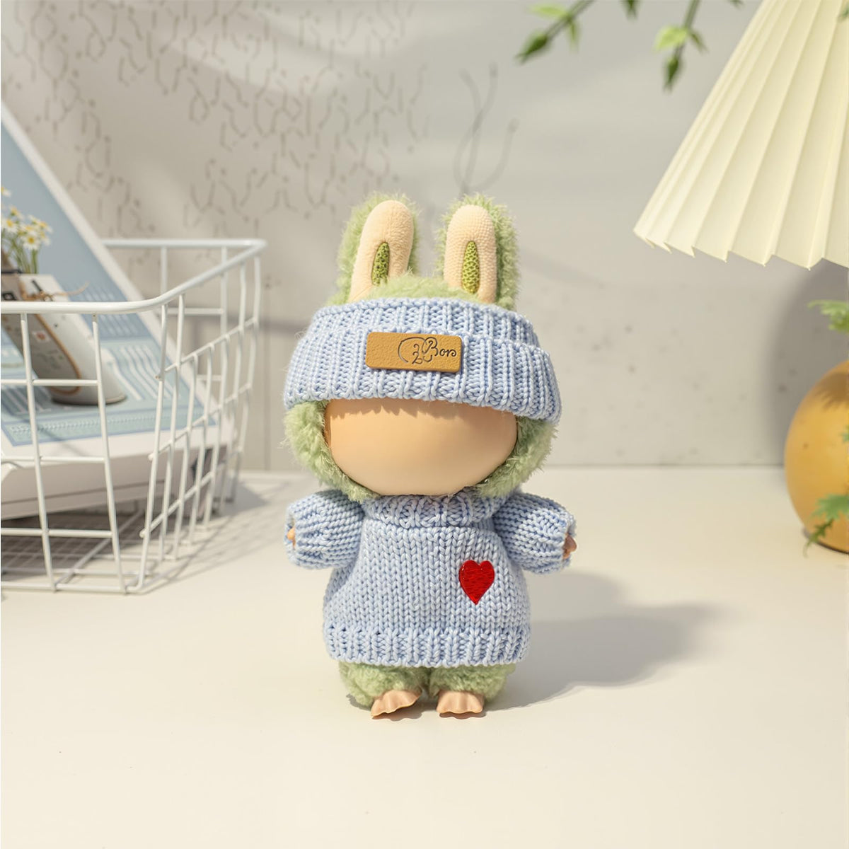 LABUBU 17cm Doll Clothes - Handcrafted 3-Piece Crochet Outfit (Heart Sweater + Hat + Bag) in Blue