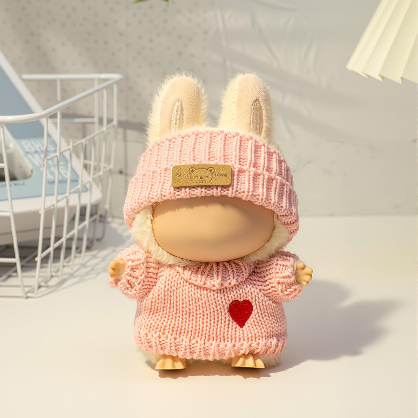 Labubu 3-Piece Crochet Outfit for 17cm LABUBU Doll – Heart Sweater, Hat & Bag (Pink)