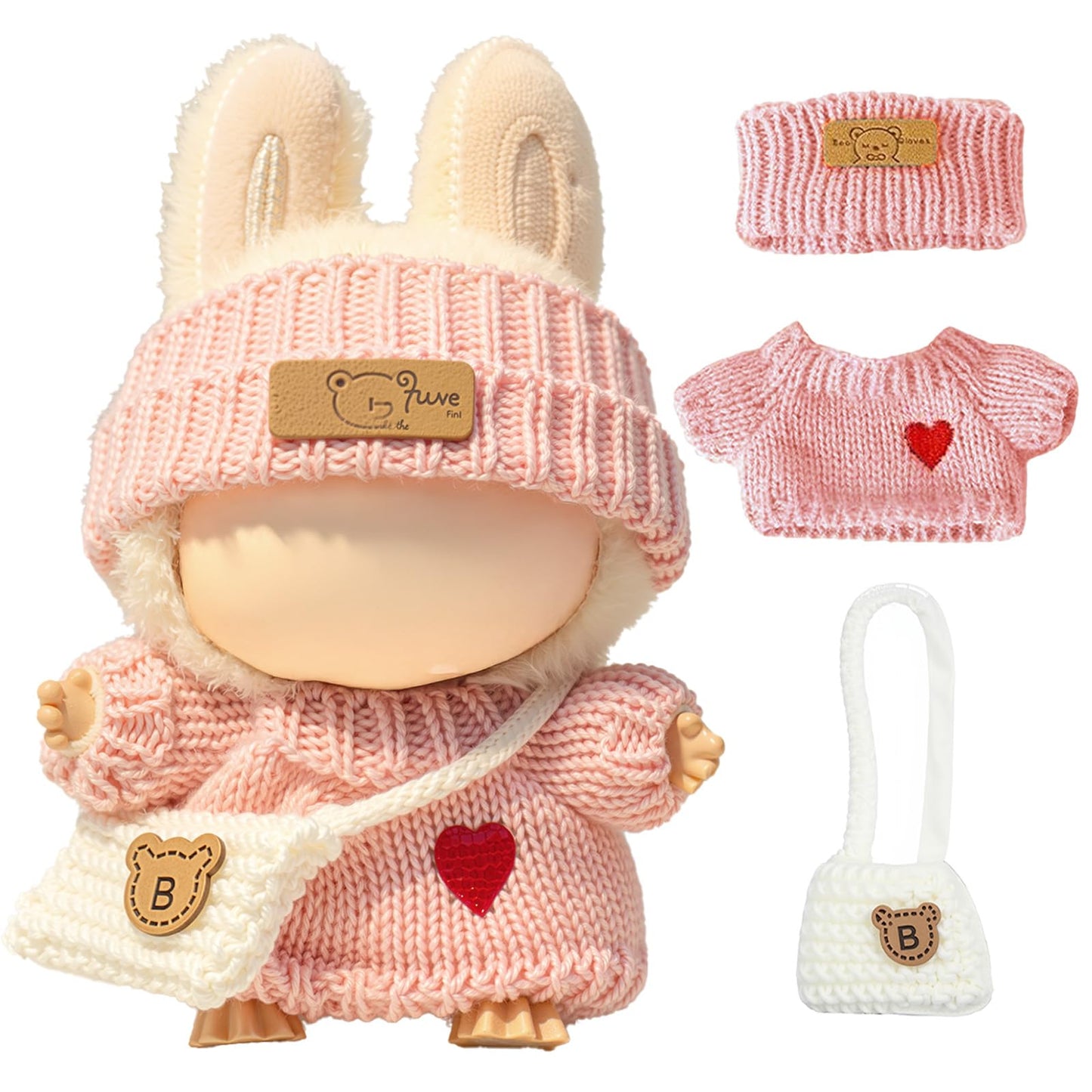 Labubu 3-Piece Crochet Outfit for 17cm LABUBU Doll – Heart Sweater, Hat & Bag (Pink)