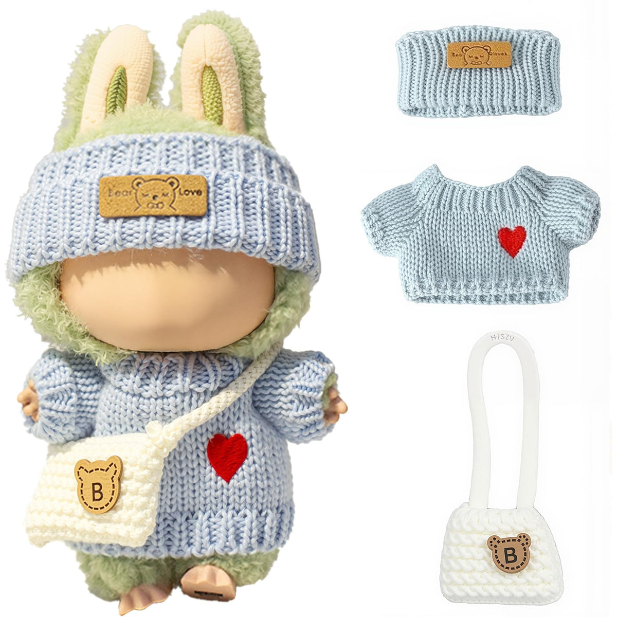LABUBU 17cm Doll Clothes - Handcrafted 3-Piece Crochet Outfit (Heart Sweater + Hat + Bag) in Blue