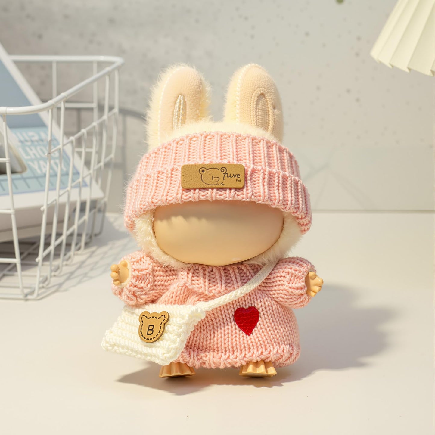 Labubu 3-Piece Crochet Outfit for 17cm LABUBU Doll – Heart Sweater, Hat & Bag (Pink)